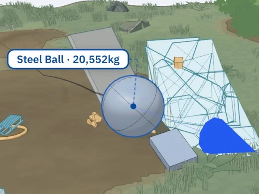 A steel ball beside broken blocks in the playground