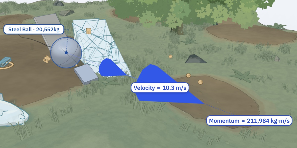 The VistaKine playground: a steel ball rolling through a 3D scene with its velocity and momentum vectors labelled